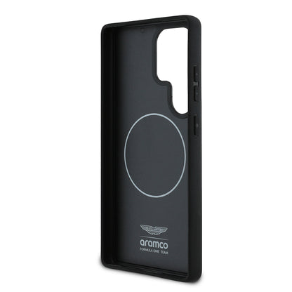 Galaxy S25 Ultra Kılıf Aston Martin Orjinal Lisanslı M-safe Şarj Özellikli Radyal Halka ve Karbon Fiber Tasarımlı Kapak Siyah