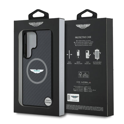 Galaxy S25 Ultra Kılıf Aston Martin Orjinal Lisanslı M-safe Şarj Özellikli Radyal Halka ve Karbon Fiber Tasarımlı Kapak Siyah