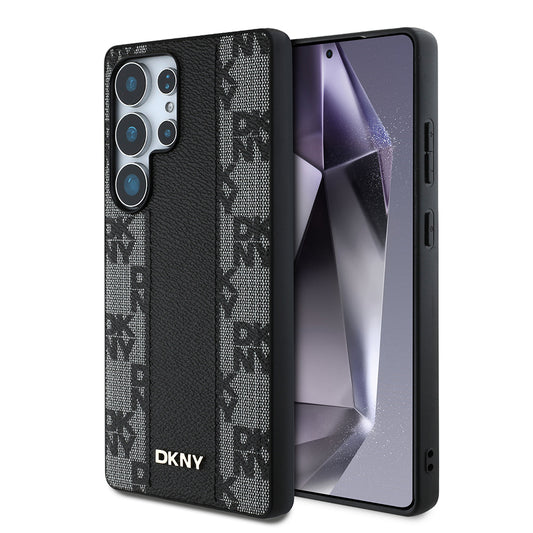 Galaxy S25 Ultra Kılıf DKNY Orjinal Lisanslı M-safe Şarj Özellikli 3D Yazılı Checkered Pattern Kapak Bej