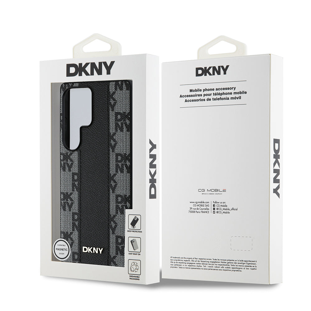 Galaxy S25 Ultra Kılıf DKNY Orjinal Lisanslı M-safe Şarj Özellikli 3D Yazılı Checkered Pattern Kapak Bej