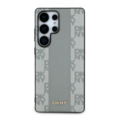 Galaxy S25 Ultra Kılıf DKNY Orjinal Lisanslı M-safe Şarj Özellikli 3D Yazılı Checkered Pattern Kapak Bej