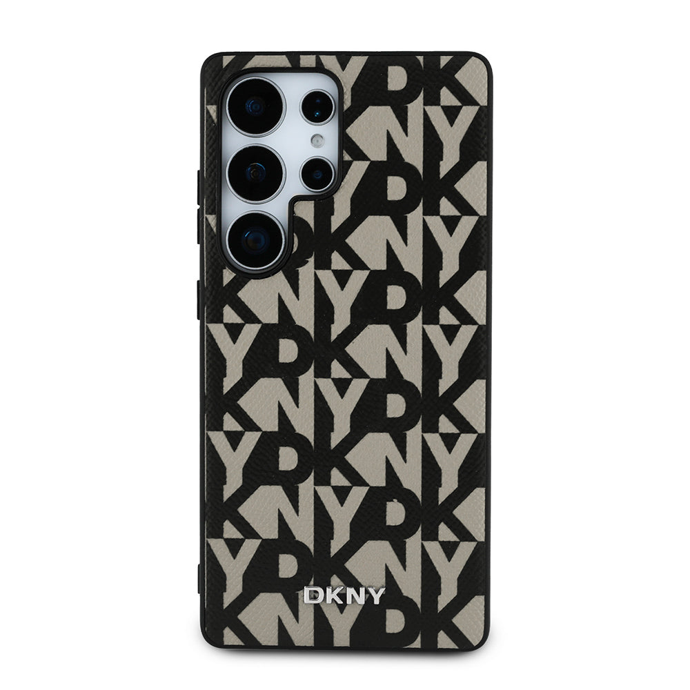 Galaxy S25 Ultra Kılıf DKNY Orjinal Lisanslı M-safe Şarj Özellikli 3D Yazılı Grid Pattern Kapak Gri