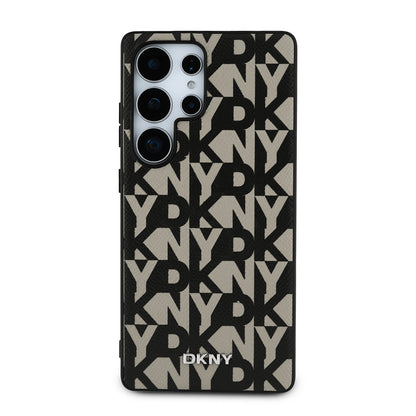 Galaxy S25 Ultra Kılıf DKNY Orjinal Lisanslı M-safe Şarj Özellikli 3D Yazılı Grid Pattern Kapak Gri
