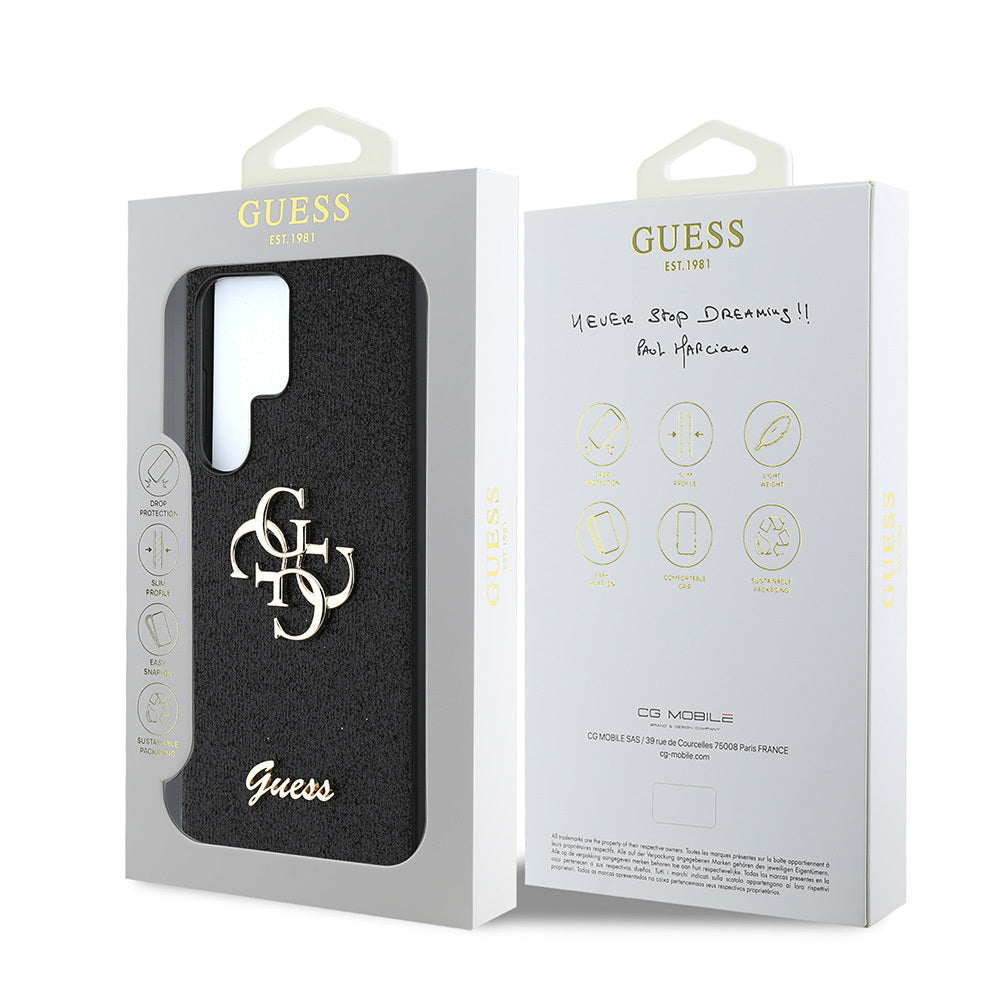 Galaxy S25 Ultra Kılıf Guess Orjinal Lisanslı 4G Büyük Metal Logolu Glitter Kapak Gold