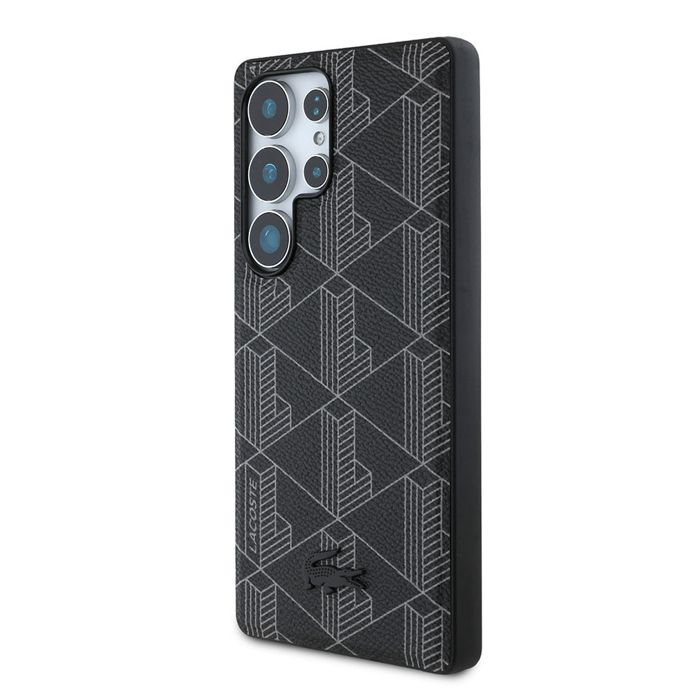 Galaxy S25 Ultra Kılıf Lacoste Orjinal Lisanslı M-safe Şarj Özellikli PU Deri Görünümlü Karışık Monogram Desenli Kapak Siyah