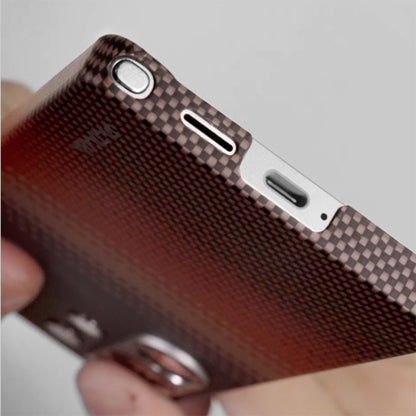 Galaxy S25 Ultra Kılıf M-safe Şarj Özellikli Aramid Fiber Pitaka Tactile Woven Sunset-Moonrise Serisi Kapak Kahverengi