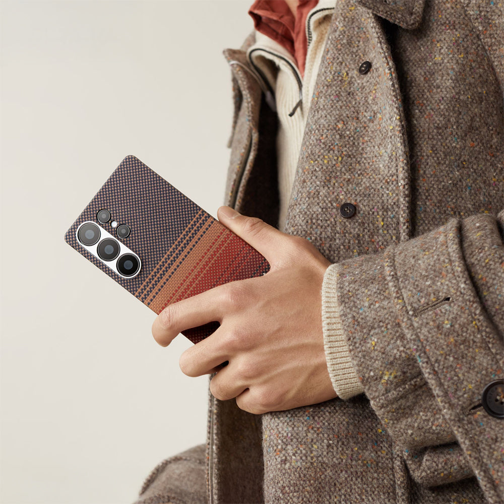 Galaxy S25 Ultra Kılıf M-safe Şarj Özellikli Aramid Fiber Pitaka Tactile Woven Sunset-Moonrise Serisi Kapak Mavi