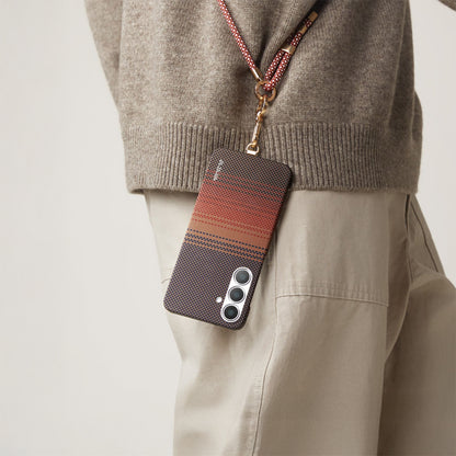 Galaxy S25 Ultra Kılıf M-safe Şarj Özellikli Aramid Fiber Pitaka Tactile Woven Sunset-Moonrise Serisi Kapak Mavi