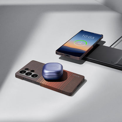 Galaxy S25 Ultra Kılıf M-safe Şarj Özellikli Aramid Fiber Pitaka Tactile Woven Sunset-Moonrise Serisi Kapak Mavi