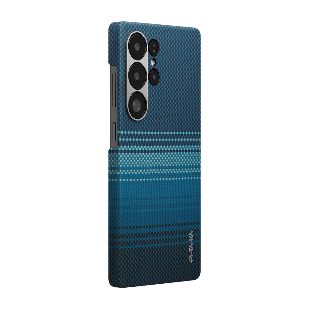 Galaxy S25 Ultra Kılıf M-safe Şarj Özellikli Aramid Fiber Pitaka Tactile Woven Sunset-Moonrise Serisi Kapak Mavi