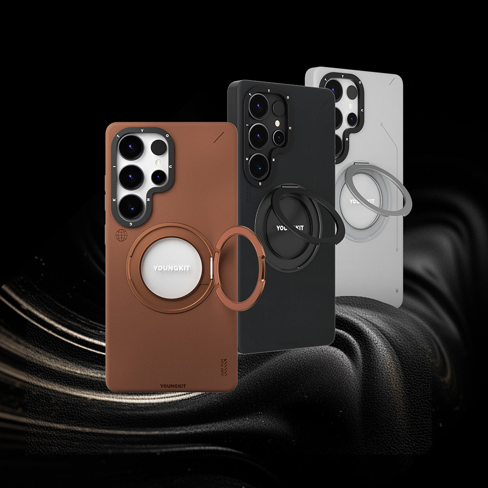 Galaxy S25 Ultra Kılıf M-safe Şarj Özellikli 360° Standlı Basit Mat Deri Desenli Youngkit Tech Leather Serisi Kapak Gri