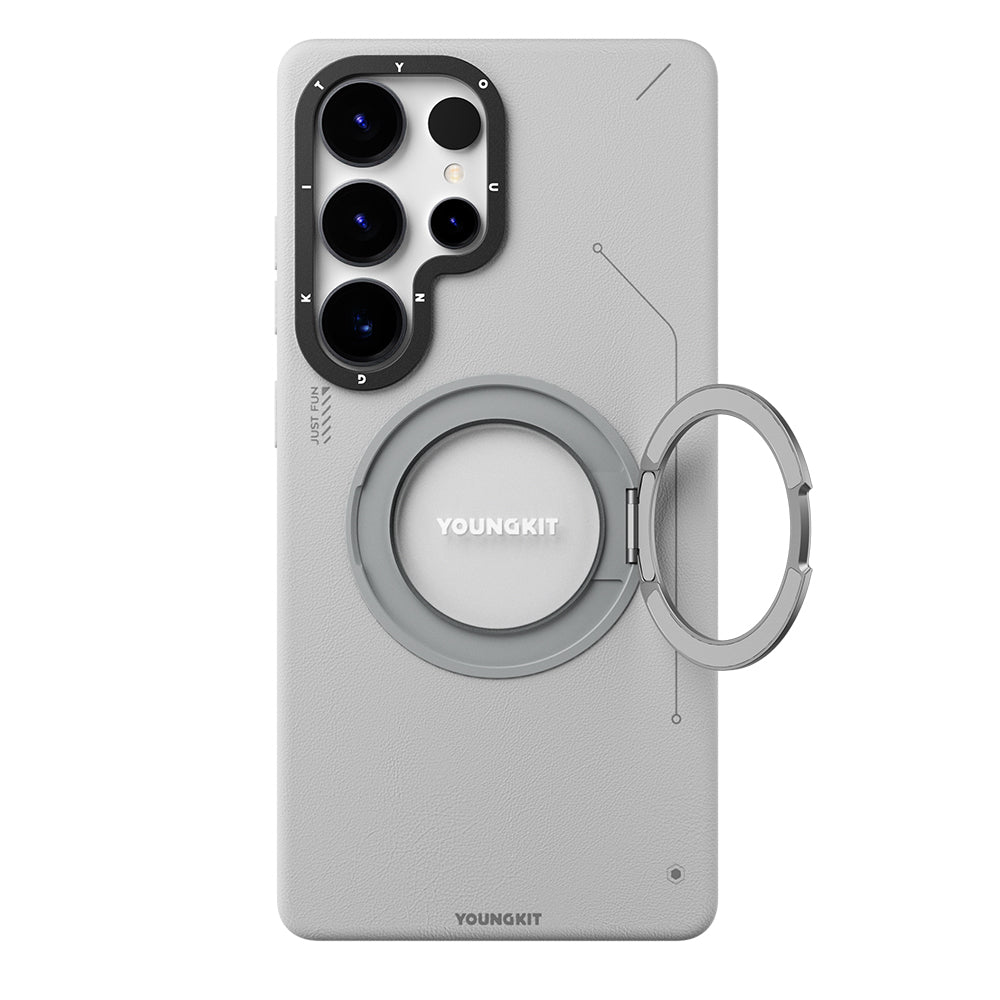 Galaxy S25 Ultra Kılıf M-safe Şarj Özellikli 360° Standlı Basit Mat Deri Desenli Youngkit Tech Leather Serisi Kapak Kahverengi