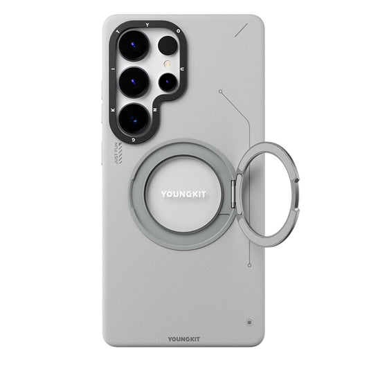 Galaxy S25 Ultra Kılıf M-safe Şarj Özellikli 360° Standlı Basit Mat Deri Desenli Youngkit Tech Leather Serisi Kapak Kahverengi