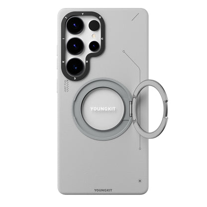 Galaxy S25 Ultra Kılıf M-safe Şarj Özellikli 360° Standlı Basit Mat Deri Desenli Youngkit Tech Leather Serisi Kapak Gri