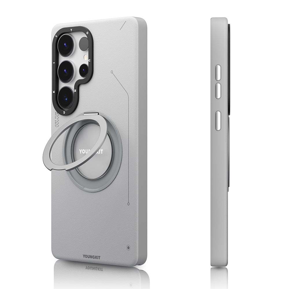 Galaxy S25 Ultra Kılıf M-safe Şarj Özellikli 360° Standlı Basit Mat Deri Desenli Youngkit Tech Leather Serisi Kapak Gri