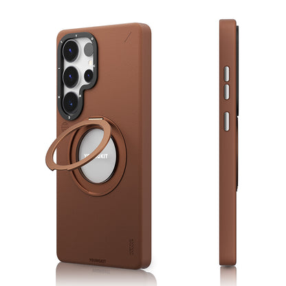 Galaxy S25 Ultra Kılıf M-safe Şarj Özellikli 360° Standlı Basit Mat Deri Desenli Youngkit Tech Leather Serisi Kapak Siyah