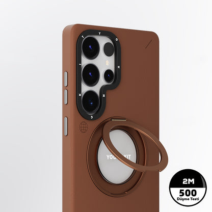 Galaxy S25 Ultra Kılıf M-safe Şarj Özellikli 360° Standlı Basit Mat Deri Desenli Youngkit Tech Leather Serisi Kapak Kahverengi