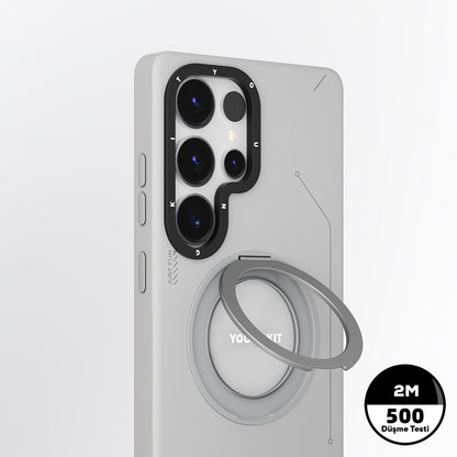 Galaxy S25 Ultra Kılıf M-safe Şarj Özellikli 360° Standlı Basit Mat Deri Desenli Youngkit Tech Leather Serisi Kapak Kahverengi