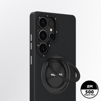 Galaxy S25 Ultra Kılıf M-safe Şarj Özellikli 360° Standlı Basit Mat Deri Desenli Youngkit Tech Leather Serisi Kapak Siyah