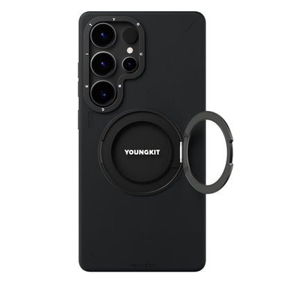 Galaxy S25 Ultra Kılıf M-safe Şarj Özellikli 360° Standlı Basit Mat Deri Desenli Youngkit Tech Leather Serisi Kapak Siyah