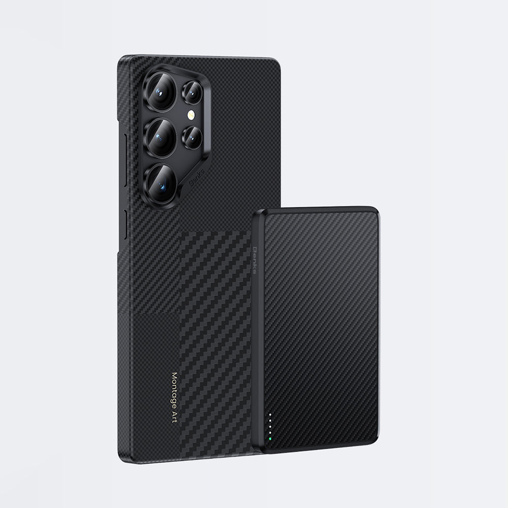Galaxy S25 Ultra Kılıf M-safe Şarj Özellikli Karbon Fiber Benks Montage Hybrid ArmorPro Kevlar Kapak Siyah