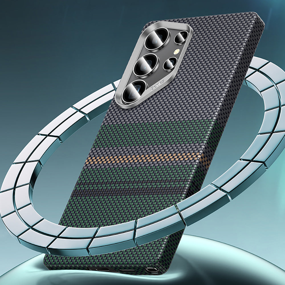 Galaxy S25 Ultra Kılıf M-safe Şarj Özellikli Karbon Fiber Tasarımlı Benks Aurora ArmorAir Kevlar Kapak Yeşil