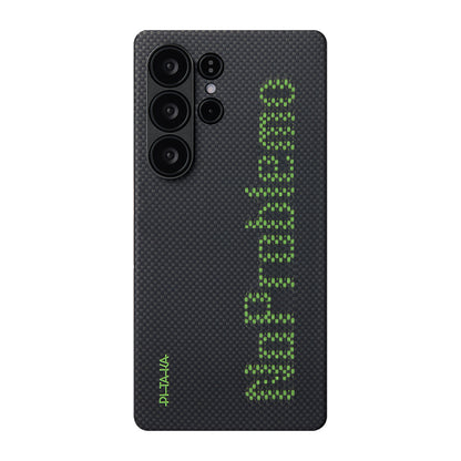 Galaxy S25 Ultra Kılıf M-safe Şarj Özellikli Lumintex Teknolojili Fosforlu Aramid Fiber Pitaka Tactile Woven Aries Serisi Kapak Siyah-Yeşil