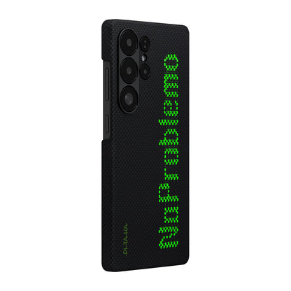 Galaxy S25 Ultra Kılıf M-safe Şarj Özellikli Lumintex Teknolojili Fosforlu Aramid Fiber Pitaka Tactile Woven Aries Serisi Kapak Siyah-Yeşil