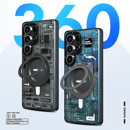 Galaxy S25 Ultra Kılıf M-safe Şarj Özellikli Youngkit 360° Standlı Technology Serisi Kapak Mavi