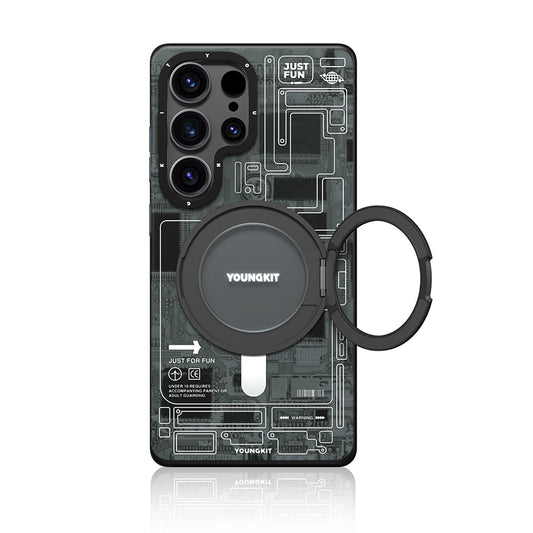 Galaxy S25 Ultra Kılıf M-safe Şarj Özellikli Youngkit 360° Standlı Technology Serisi Kapak Mavi