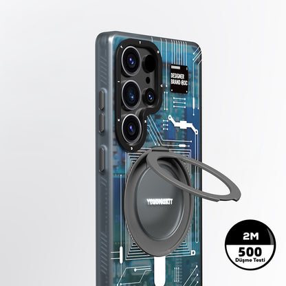 Galaxy S25 Ultra Kılıf M-safe Şarj Özellikli Youngkit 360° Standlı Technology Serisi Kapak Mavi