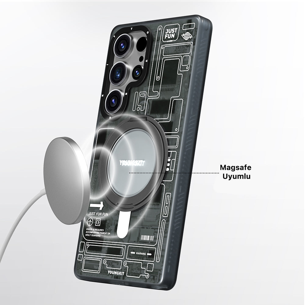 Galaxy S25 Ultra Kılıf M-safe Şarj Özellikli Youngkit 360° Standlı Technology Serisi Kapak Mavi