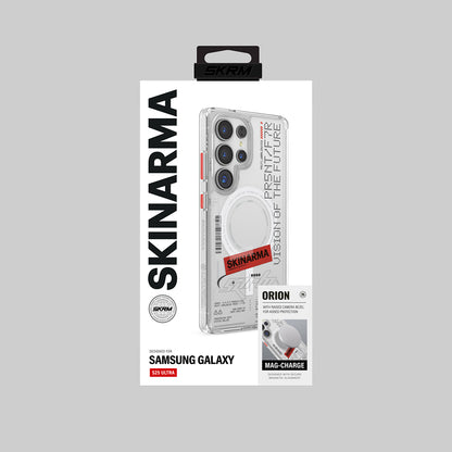 Galaxy S25 Ultra Kılıf Skinarma M-safe Şarj Özellikli Yazı Desenli Airbag Tasarımlı Orion Kapak Şeffaf