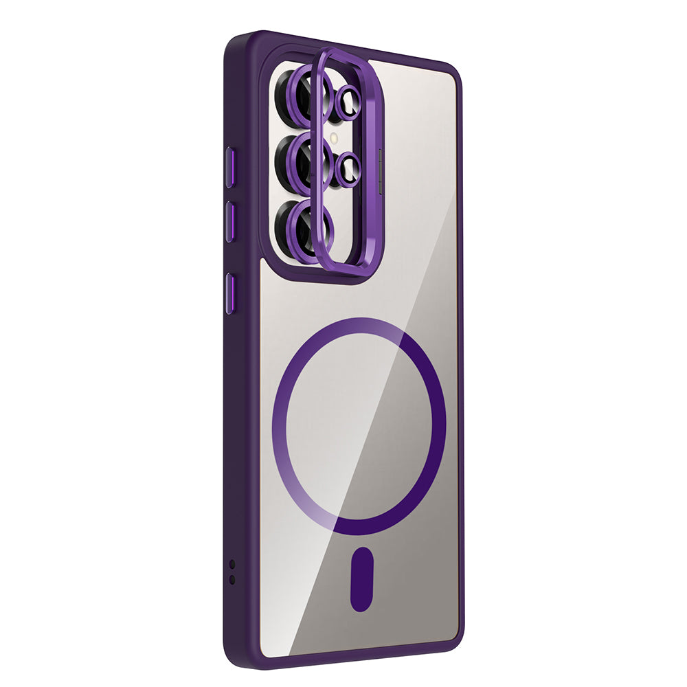 Galaxy S25 Ultra Kılıf Standlı ve Kamera Lens Hediyeli M-Safe Şarj Özellikli Zore Etro Kapak Lacivert