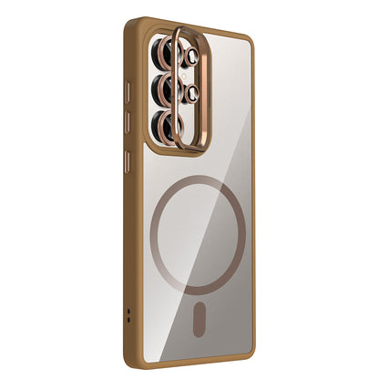 Galaxy S25 Ultra Kılıf Standlı ve Kamera Lens Hediyeli M-Safe Şarj Özellikli Zore Etro Kapak Lacivert