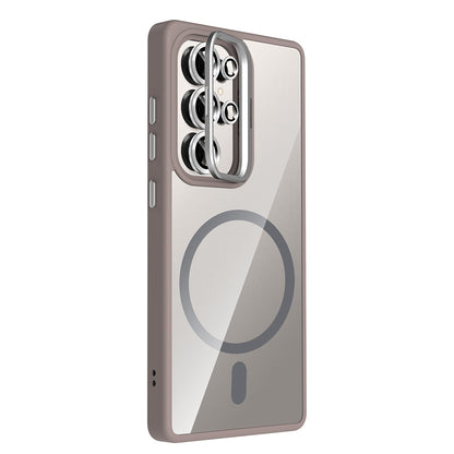 Galaxy S25 Ultra Kılıf Standlı ve Kamera Lens Hediyeli M-Safe Şarj Özellikli Zore Etro Kapak Lacivert