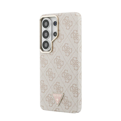 Galaxy S26 Ultra Kılıf Guess Orjinal Lisanslı M-safe Şarj Özellikli Gold Metal Kamera Çerçeveli Taşlı Üçgen Logo 4G Desenli Kapak