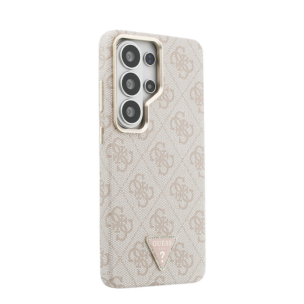 Galaxy S26 Ultra Kılıf Guess Orjinal Lisanslı M-safe Şarj Özellikli Gold Metal Kamera Çerçeveli Taşlı Üçgen Logo 4G Desenli Kapak