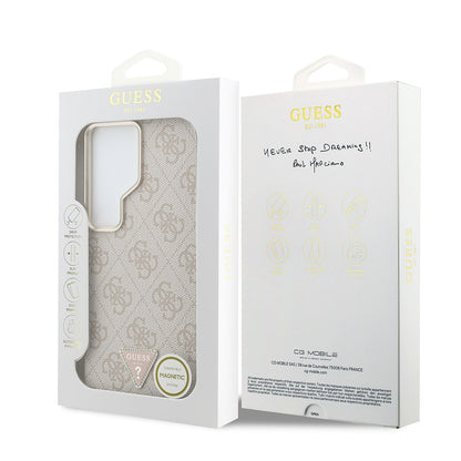 Galaxy S26 Ultra Kılıf Guess Orjinal Lisanslı M-safe Şarj Özellikli Gold Metal Kamera Çerçeveli Taşlı Üçgen Logo 4G Desenli Kapak