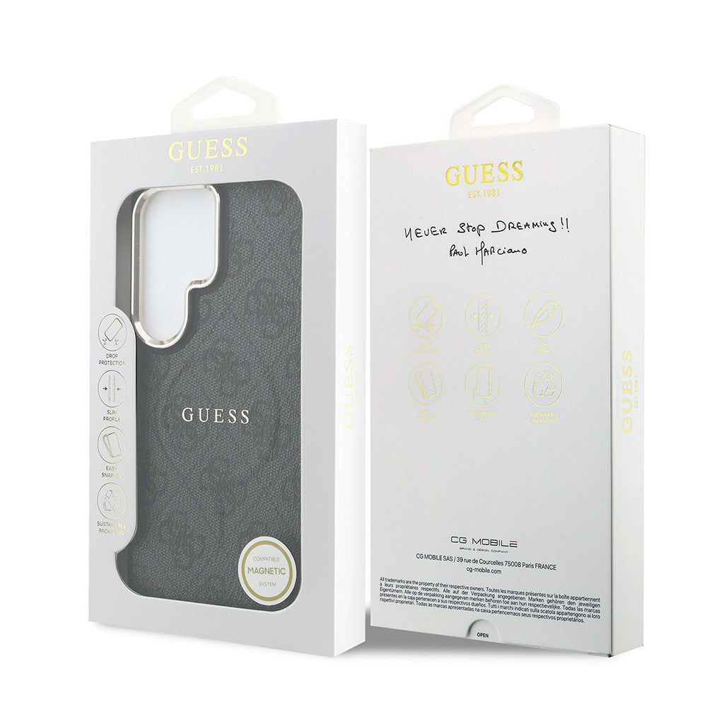 Galaxy S26 Ultra Kılıf Guess Orjinal Lisanslı M-safe Şarj Özellikli Metal Kamera Çerçeveli PU Deri 4G Desenli Yazı Logolu Kapak