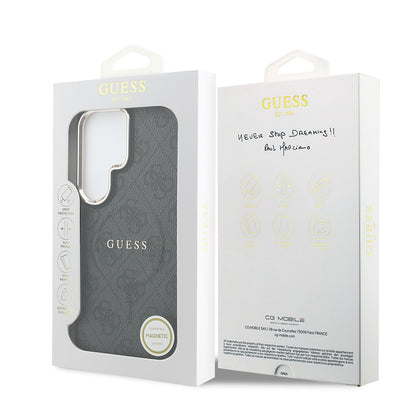 Galaxy S26 Ultra Kılıf Guess Orjinal Lisanslı M-safe Şarj Özellikli Metal Kamera Çerçeveli PU Deri 4G Desenli Yazı Logolu Kapak