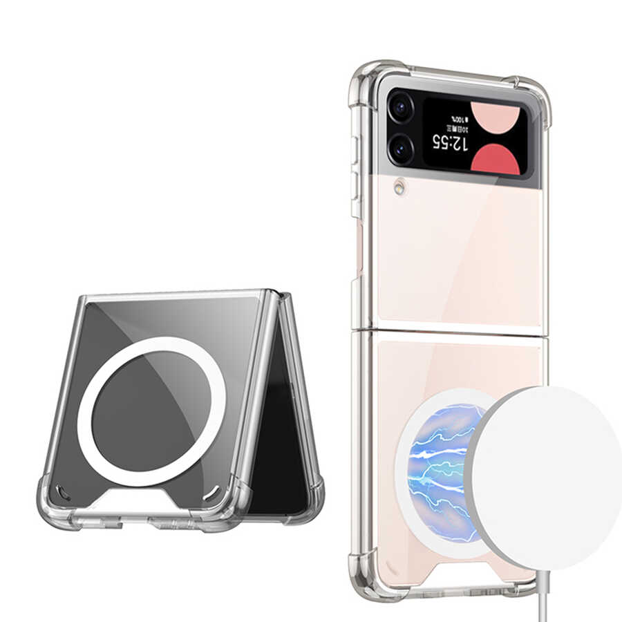 Galaxy Z Flip 4 Kılıf Wireless Şarj Özellikli Airbagli Zore Kıpta Anti Shock M-safe Kapak