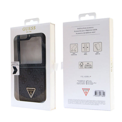 Galaxy Z Flip 5 Kılıf Guess Orjinal Lisanslı PU Deri Taşlı Üçgen Logo 4G Desenli Strass Kapak Kahverengi