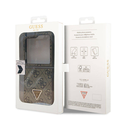Galaxy Z Flip 5 Kılıf Guess Orjinal Lisanslı PU Deri Taşlı Üçgen Logo 4G Desenli Strass Kapak Kahverengi