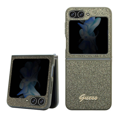Galaxy Z Flip 5 Kılıf Guess Orjinal Lisanslı Yazı Logolu Glitter Flakes Kapak Haki