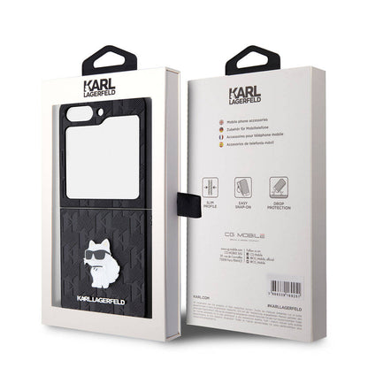 Galaxy Z Flip 5 Kılıf Karl Lagerfeld Orjinal Lisanslı KL Desenli Choupette İkonik Saffiano Kapak Siyah