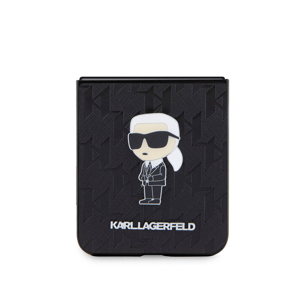 Galaxy Z Flip 5 Kılıf Karl Lagerfeld Orjinal Lisanslı KL Desenli Karl İkonik Saffiano Kapak Siyah