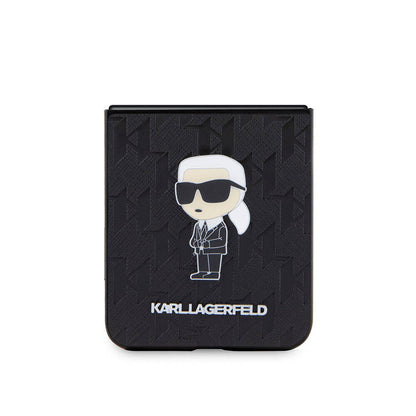 Galaxy Z Flip 5 Kılıf Karl Lagerfeld Orjinal Lisanslı KL Desenli Karl İkonik Saffiano Kapak Siyah