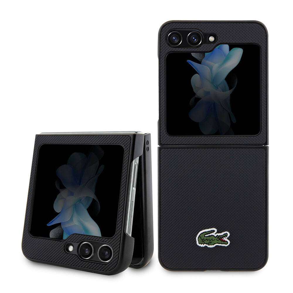Galaxy Z Flip 5 Kılıf Lacoste Orjinal Lisanslı PU Pike Desenli Arka Yüzey İkonik Timsah Dokuma Logolu Kapak Lacivert