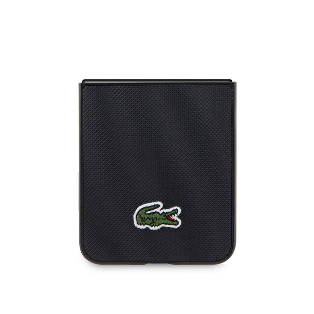 Galaxy Z Flip 5 Kılıf Lacoste Orjinal Lisanslı PU Pike Desenli Arka Yüzey İkonik Timsah Dokuma Logolu Kapak Siyah